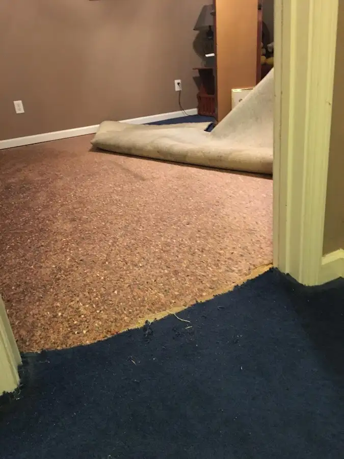 Carpet pad removal revealing water damage during Drying & Dehumidification in Claremont